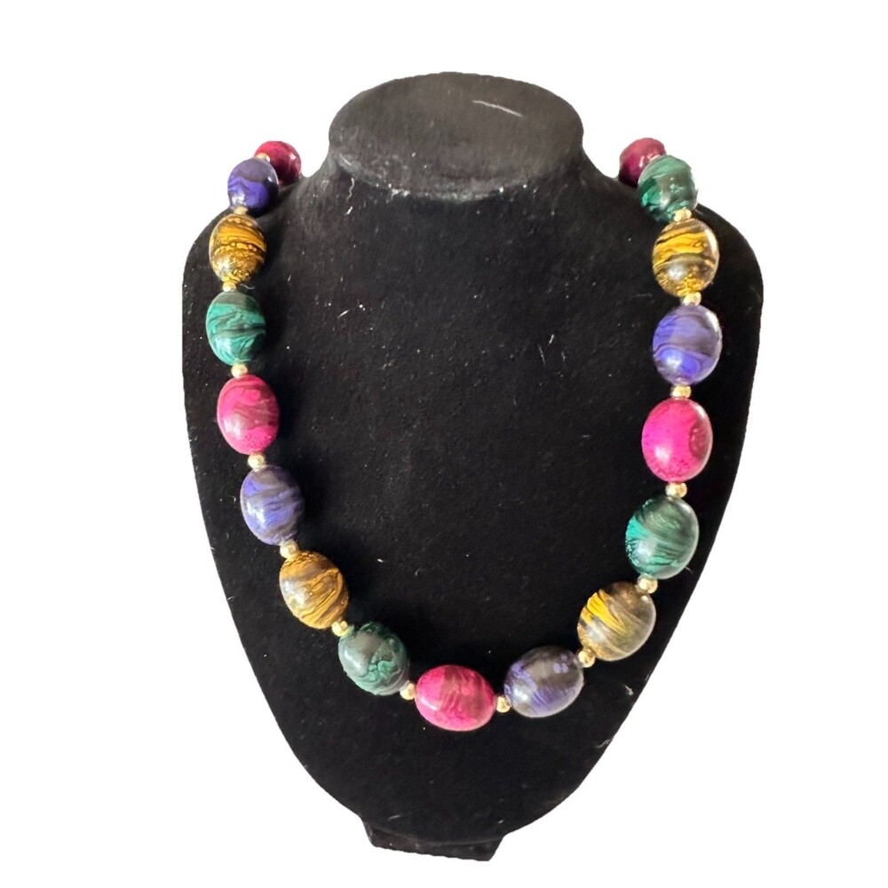 Chunky Marbled Wood Bead Necklace Retro Boho Artisan Style Jewelry